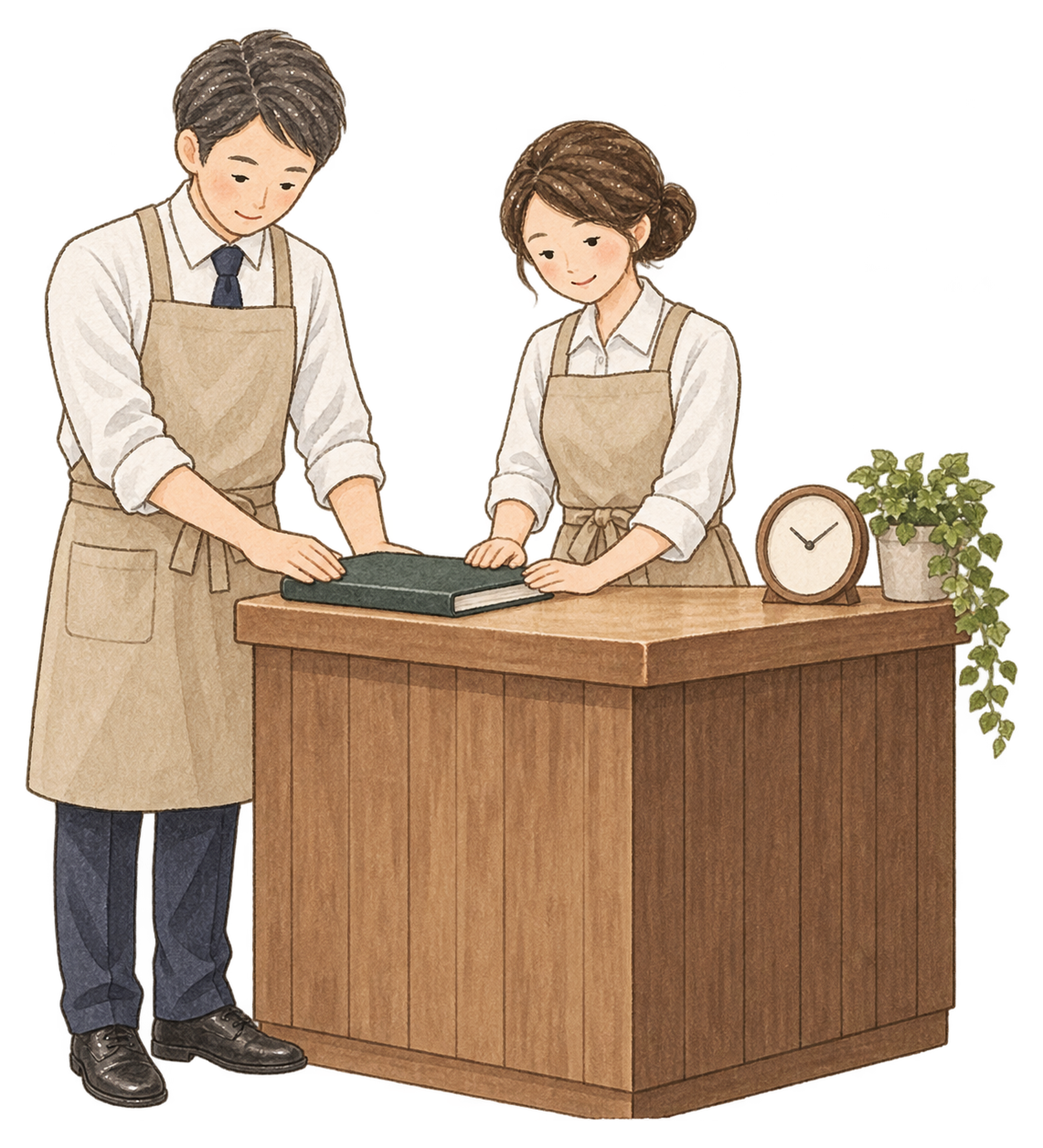 年内受付を締めるスタッフ二人｜年末の締切案内の無料人物イラスト素材 103947に写真・文字を入れる
