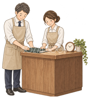 年内受付を締めるスタッフ二人｜年末の締切案内の無料人物イラスト素材 103947