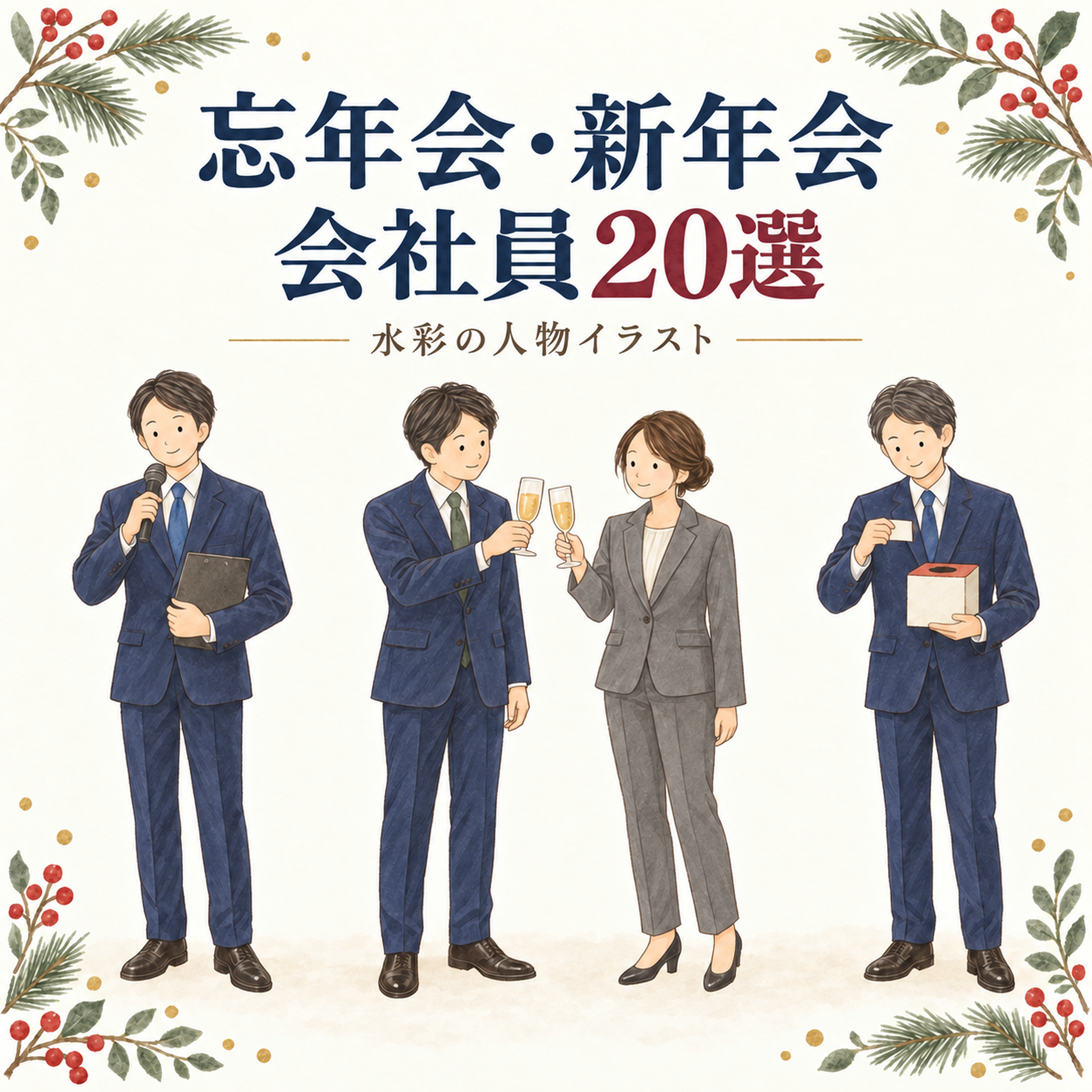 忘年会・新年会の会社員20選｜年末年始の無料ビジネス人物イラスト素材 103948に写真・文字を入れる