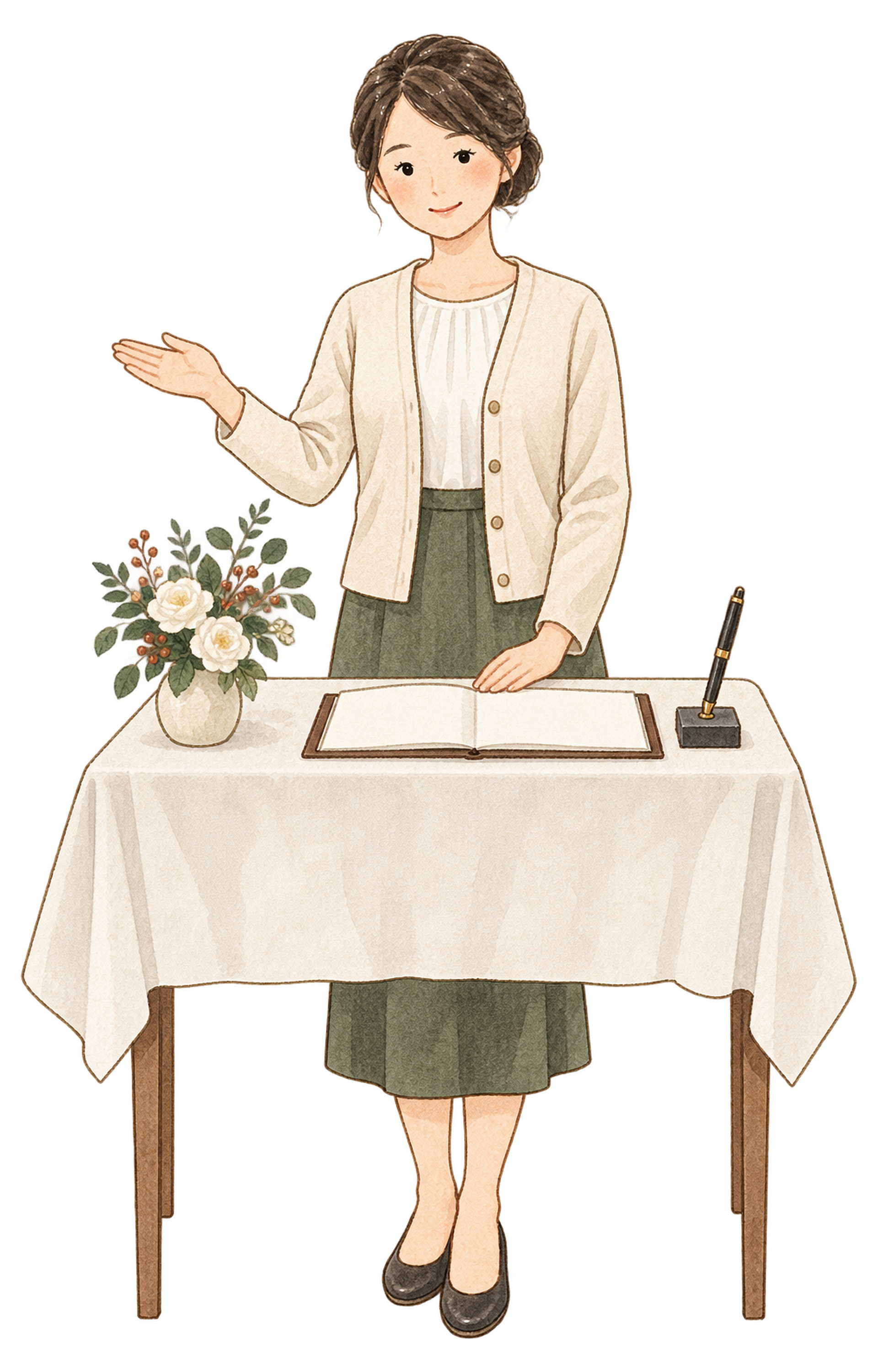 宴会の受付をする女性｜忘年会・新年会の無料人物イラスト素材 103952に写真・文字を入れる
