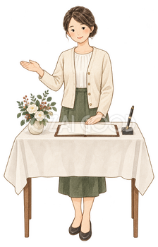 宴会の受付をする女性｜忘年会・新年会の無料人物イラスト素材 103952