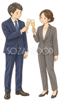 二人で乾杯する会社員｜忘年会・新年会の無料人物イラスト素材 103958
