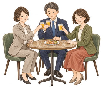 三人で乾杯する同僚｜忘年会・新年会の無料人物イラスト素材 103959