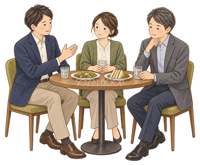 料理を囲んで話す社員三人 料理を囲んで話す社員三人