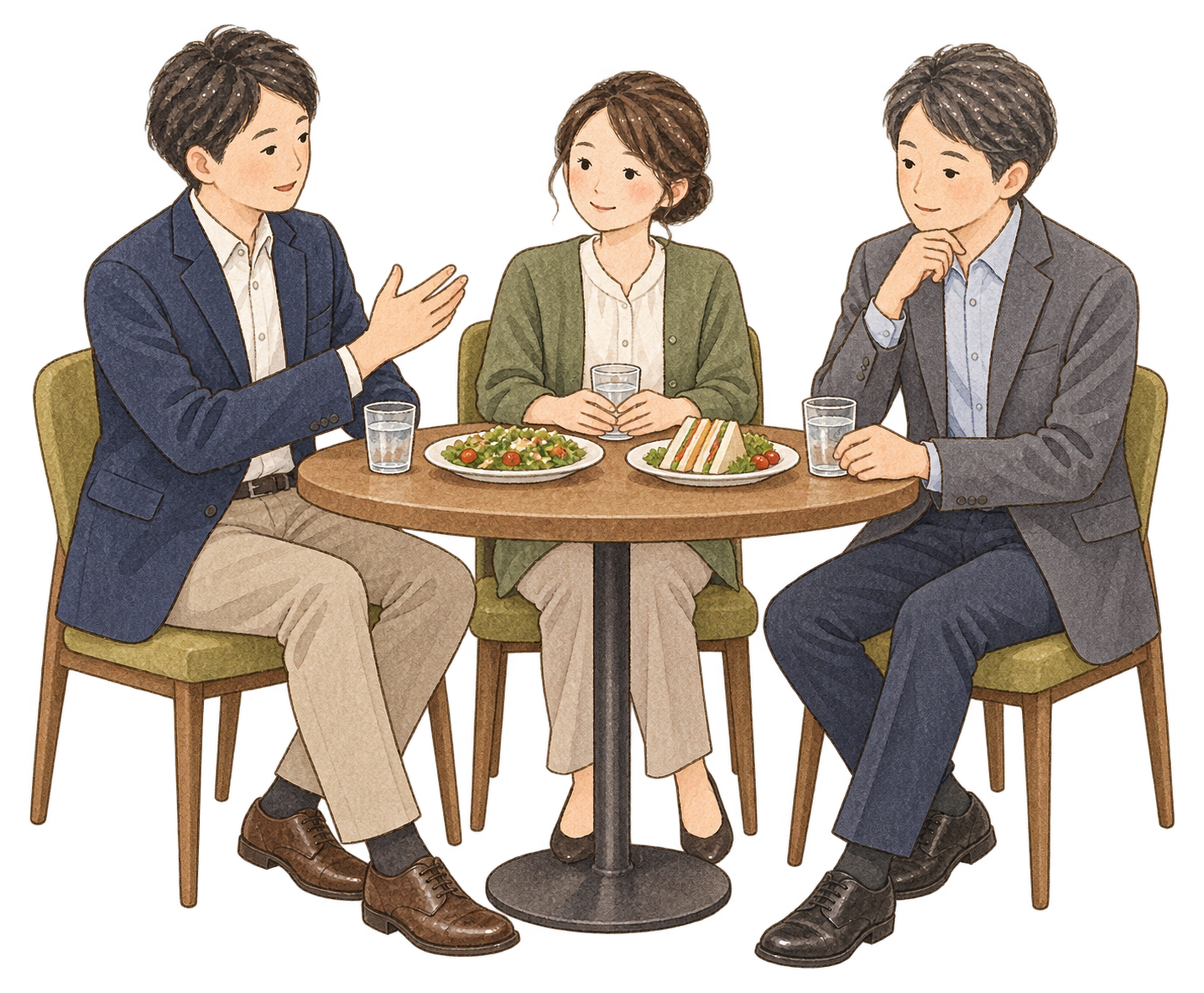 料理を囲んで話す社員三人｜忘年会・新年会の無料人物イラスト素材 103960に写真・文字を入れる