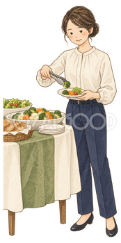 料理を取り分ける女性社員｜忘年会・新年会の無料人物イラスト素材 103961