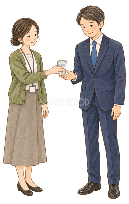 飲み物を渡す同僚二人 飲み物を渡す同僚二人