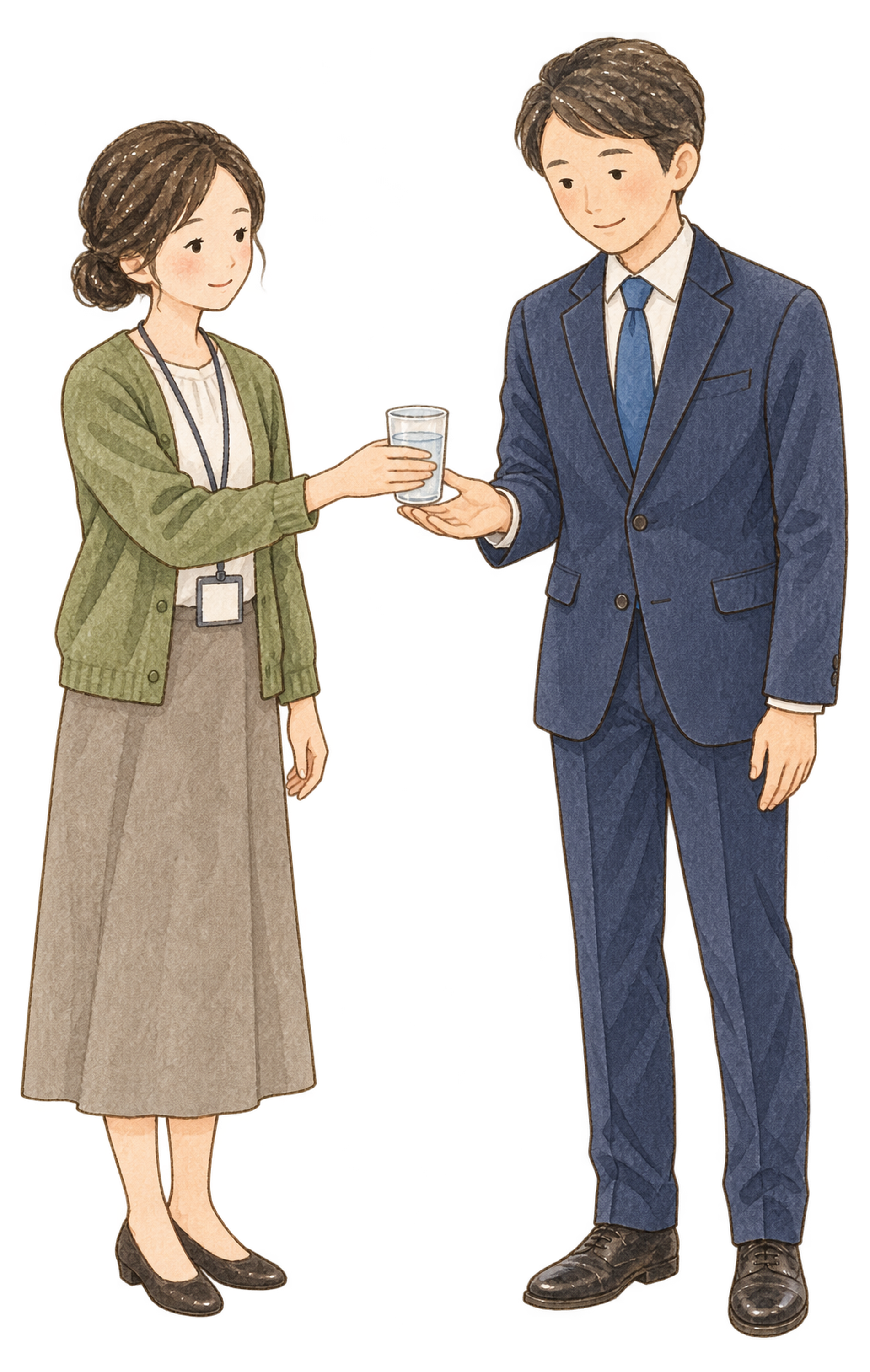 飲み物を渡す同僚二人｜忘年会・新年会の無料人物イラスト素材 103963に写真・文字を入れる