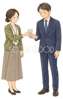 飲み物を渡す同僚二人｜忘年会・新年会の無料人物イラスト素材 103963