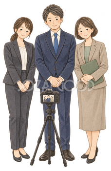 宴会の記念写真を撮る社員三人｜忘年会・新年会の無料人物イラスト素材 103966
