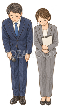 閉会の挨拶をする幹事二人｜忘年会・新年会の無料人物イラスト素材 103967