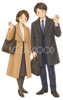 宴会帰りに挨拶する社員二人｜忘年会・新年会の無料人物イラスト素材 103968