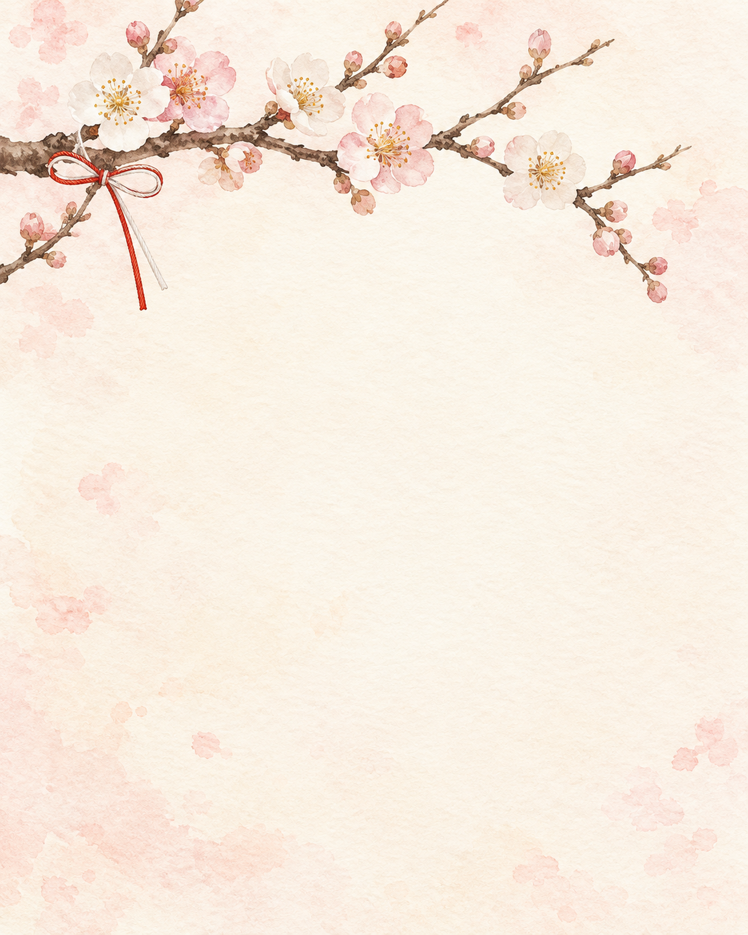 梅の花・頭上の枝と水引の縦長背景｜文字なしの無料背景イラスト素材 104070に写真・文字を入れる