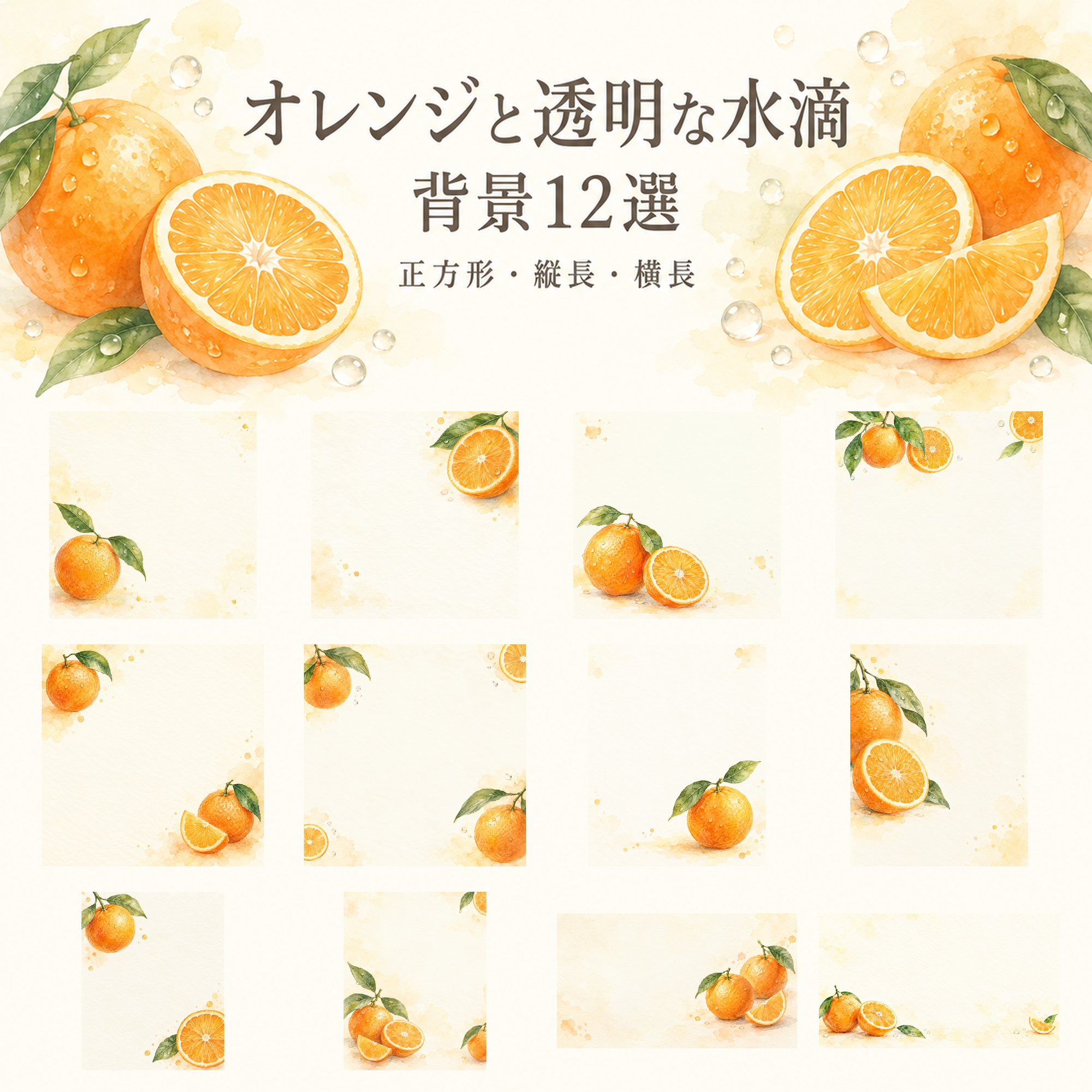 オレンジと透明な水滴12選｜文字なしの無料背景イラスト素材 104125に写真・文字を入れる
