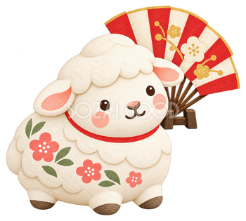 扇と羊の干支飾りのイラスト｜未年のかわいい無料素材 104187