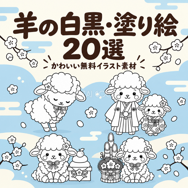 羊の白黒・塗り絵20選 羊の白黒・塗り絵20選