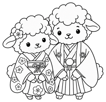 線画の羊夫婦のイラスト｜未年の無料塗り絵素材 104194