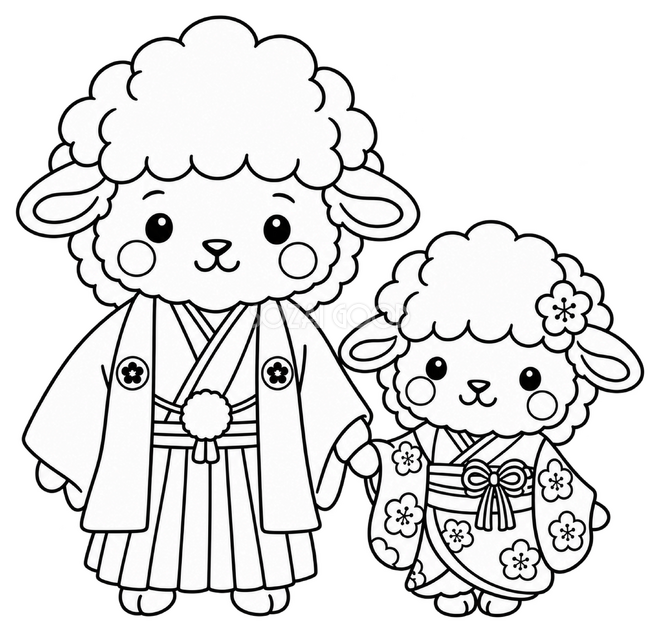 線画の羊親子 線画の羊親子