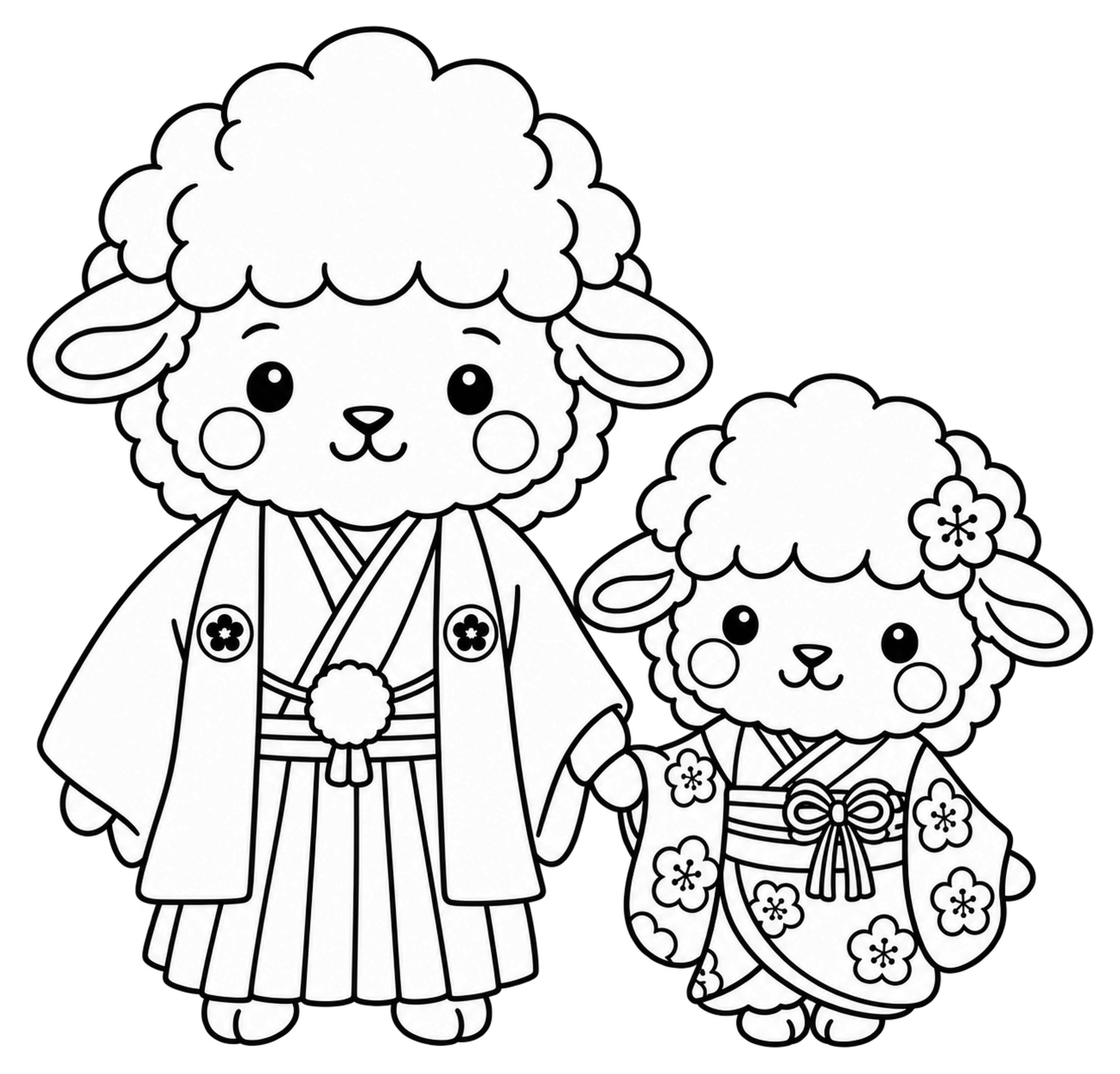 線画の羊親子のイラスト｜未年の無料塗り絵素材 104195に写真・文字を入れる