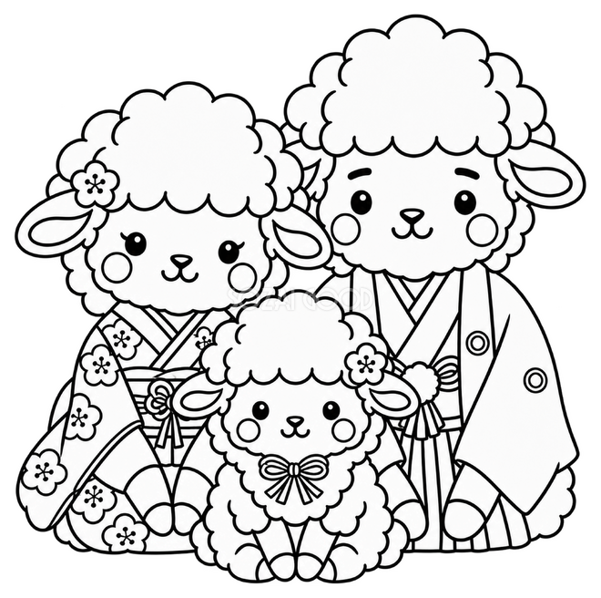 線画の羊家族3匹 線画の羊家族3匹