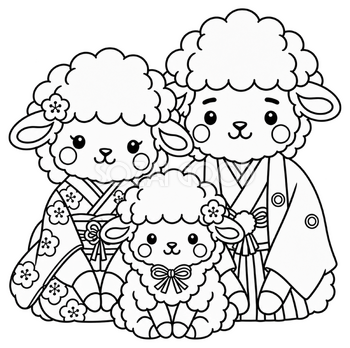 線画の羊家族3匹のイラスト｜未年の無料塗り絵素材 104196
