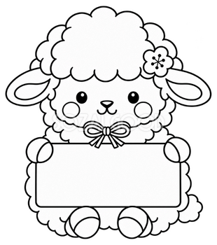 線画の看板を持つ羊のイラスト｜未年の無料塗り絵素材 104202