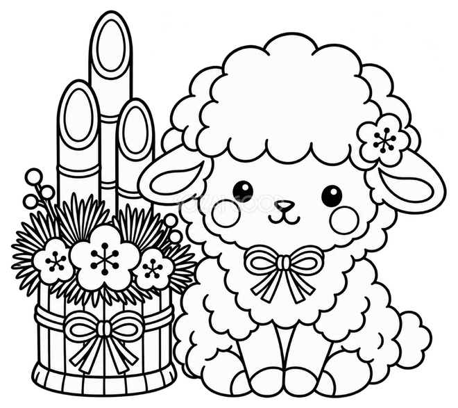 線画の羊と門松 線画の羊と門松