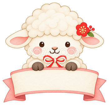リボン見出しと羊のイラスト｜未年のかわいい無料素材 104223