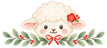 羊と葉っぱの横長ラインのイラスト｜未年のかわいい無料素材 104226