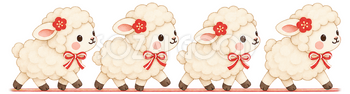 歩く羊の横長ラインのイラスト｜未年のかわいい無料素材 104228