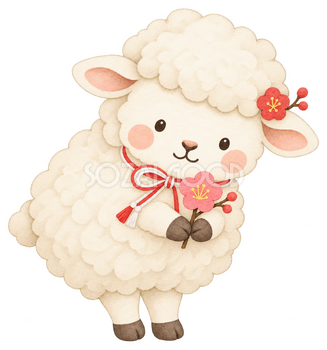 花を持つ羊のイラスト｜未年のかわいい無料素材 104254