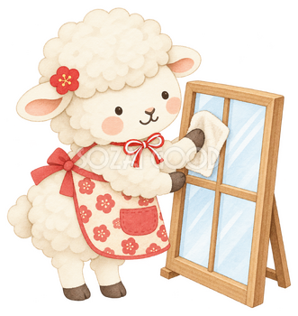 窓を拭く羊のイラスト｜未年のかわいい無料素材 104267