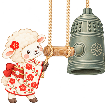 除夜の鐘をつく羊のイラスト｜未年のかわいい無料素材 104270