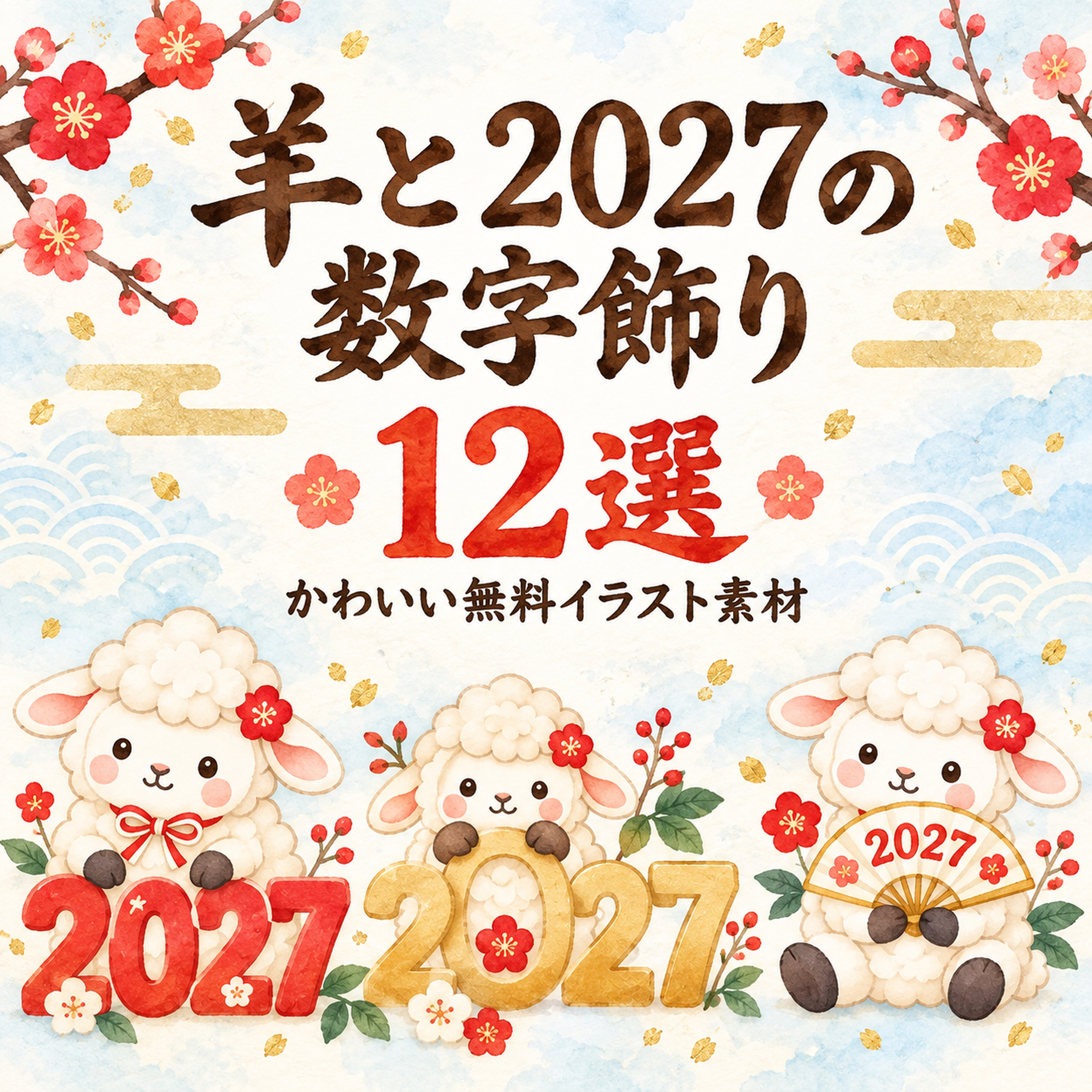 羊と2027の数字飾り12選｜未年のかわいい無料イラスト素材 104423に写真・文字を入れる