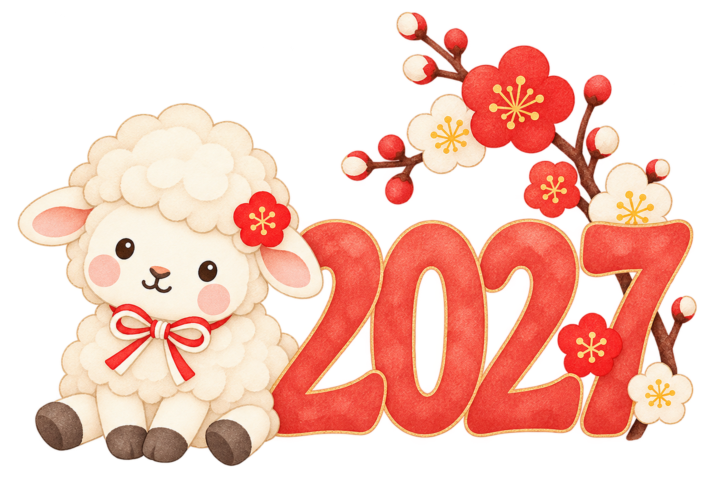 2027と梅の枝のイラスト｜未年のかわいい無料素材 104429に写真・文字を入れる