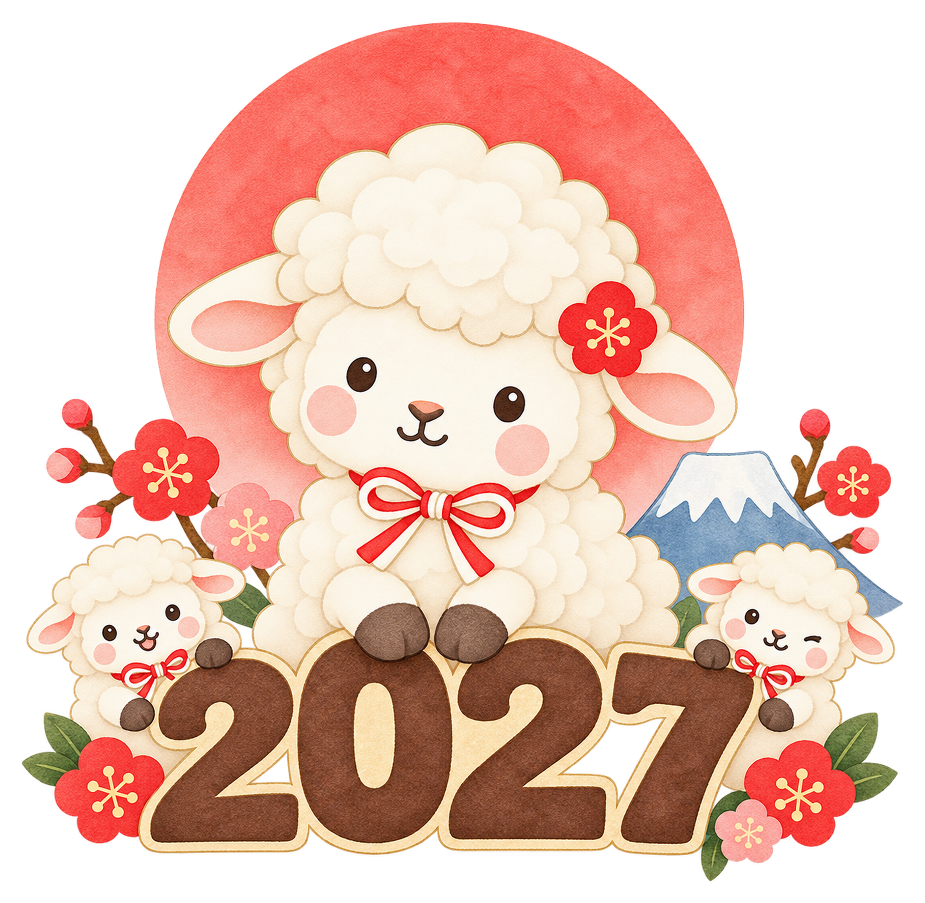 2027と初日の出のイラスト｜未年のかわいい無料素材 104431に写真・文字を入れる