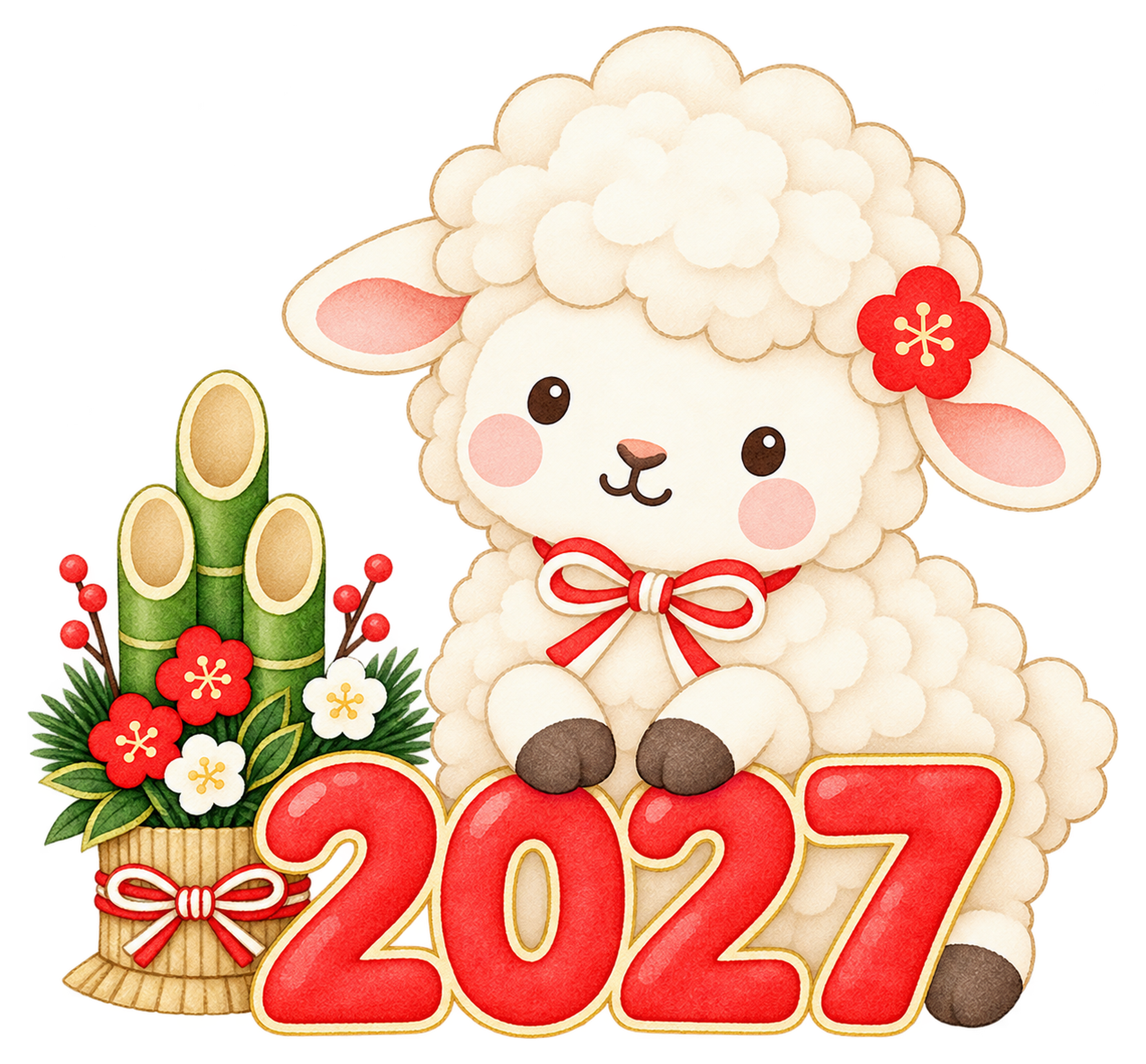 2027と小さな門松のイラスト｜未年のかわいい無料素材 104432に写真・文字を入れる