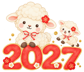 2027と跳ねる子羊のイラスト｜未年のかわいい無料素材 104435