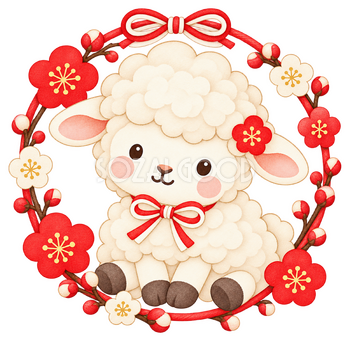 梅の丸飾りと羊のイラスト｜未年のかわいい無料素材 104450