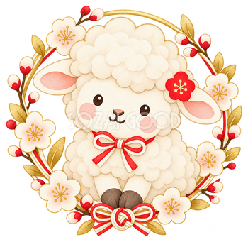 白梅の丸飾りと羊のイラスト｜未年のかわいい無料素材 104451
