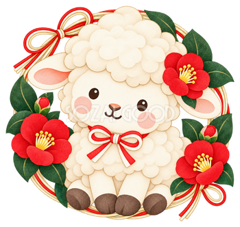 椿の丸飾りと羊のイラスト｜未年のかわいい無料素材 104456