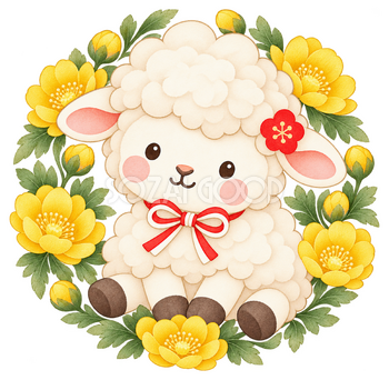福寿草の丸飾りと羊のイラスト｜未年のかわいい無料素材 104457