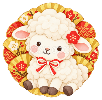 扇の丸飾りと羊のイラスト｜未年のかわいい無料素材 104458