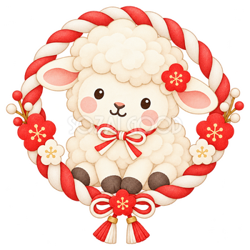 紅白紐の丸飾りと羊のイラスト｜未年のかわいい無料素材 104459