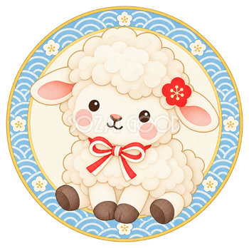 青海波の丸飾りと羊のイラスト｜未年のかわいい無料素材 104460