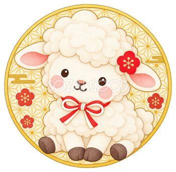 麻の葉の丸飾りと羊のイラスト｜未年のかわいい無料素材 104462