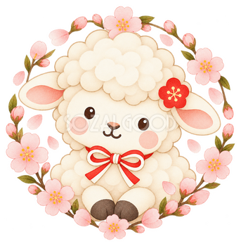 桜の丸飾りと羊のイラスト｜未年のかわいい無料素材 104463