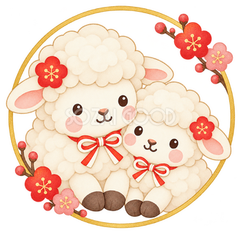 金の輪と羊夫婦のイラスト｜未年のかわいい無料素材 104465