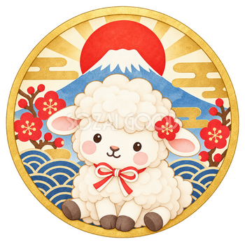 富士山の丸飾りと羊のイラスト｜未年のかわいい無料素材 104468