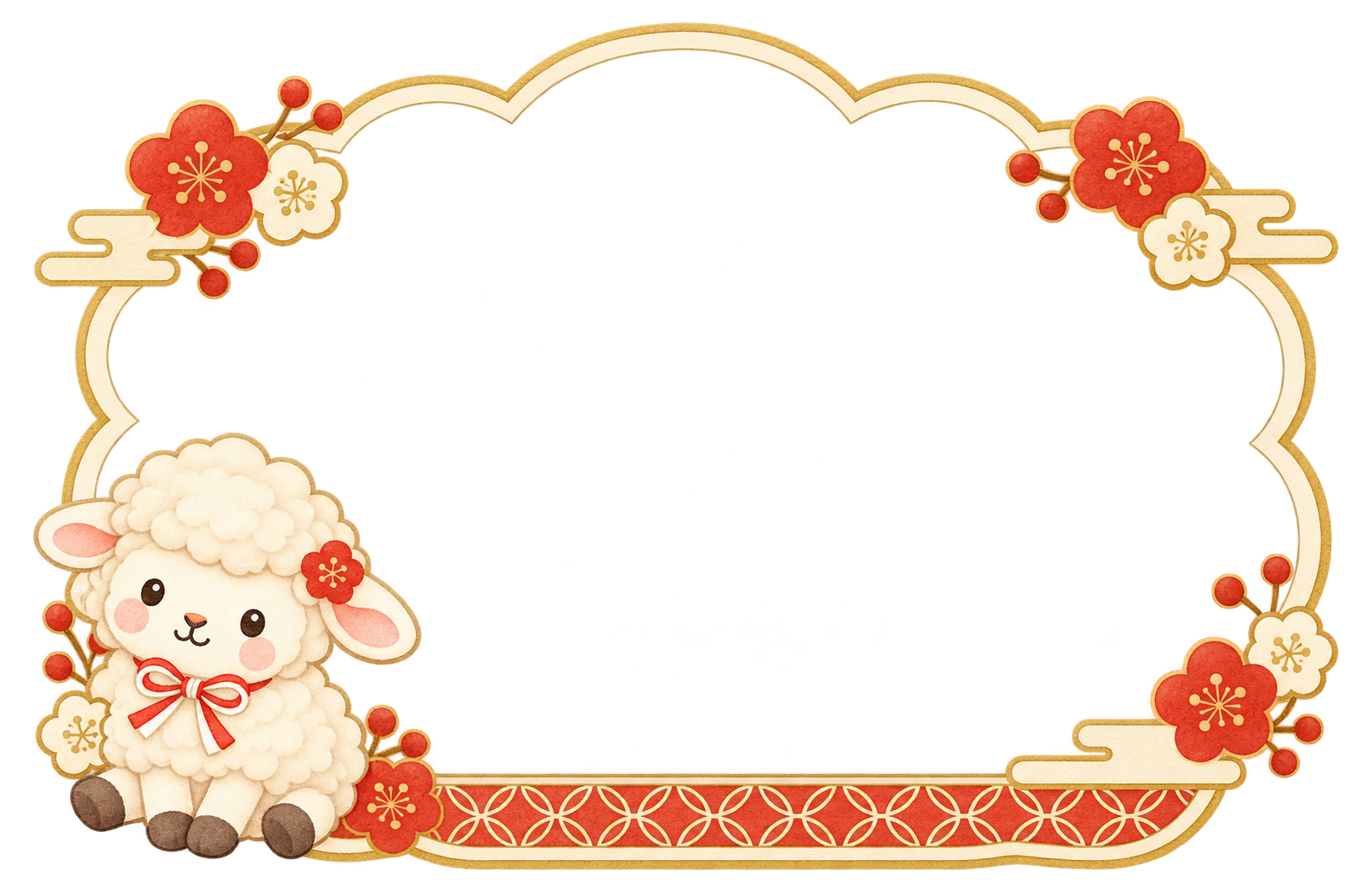 羊と七宝の横枠のイラスト｜未年のかわいい無料素材 104491に写真・文字を入れる